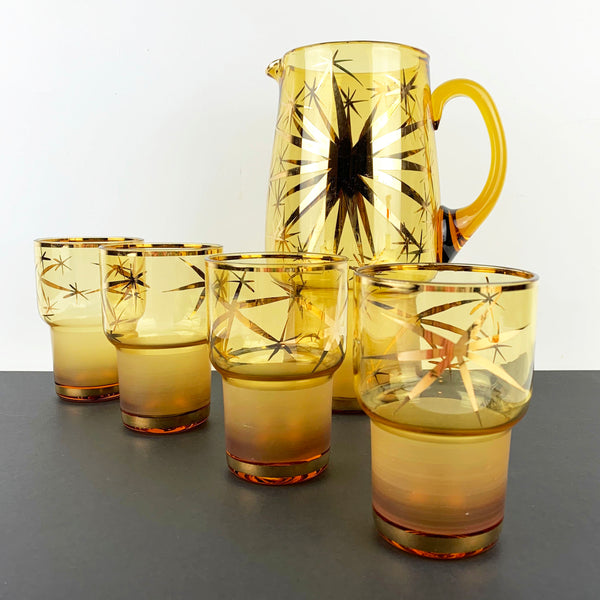 Bohemian Gold Gilt Starburst Amber Glass Cordial Set