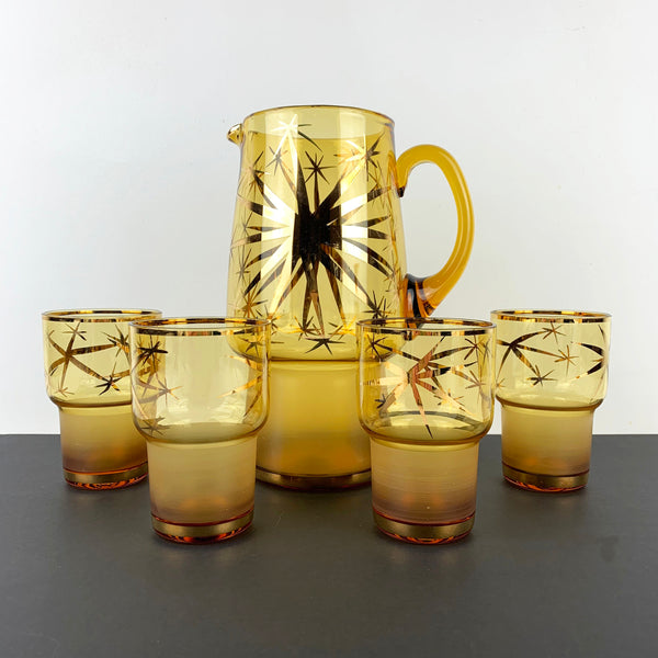 Bohemian Amber Glass Set with gold star design