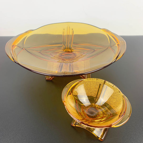 Stolzle art deco arch footed bowls in amber glass - Set of 2