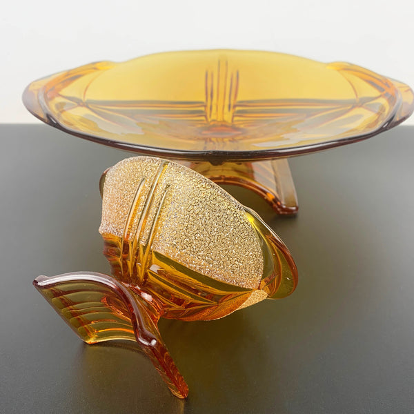 Stolzle art deco arch footed bowls in amber glass - Set of 2