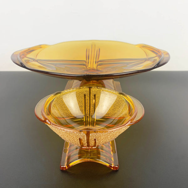 Stolzle art deco arch footed bowls in amber glass - Set of 2