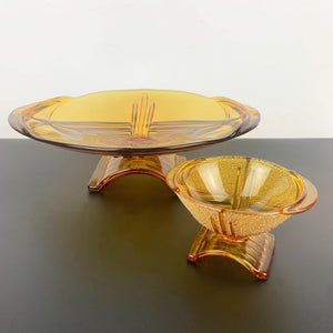 Stolzle art deco arch footed bowls in amber glass - Set of 2