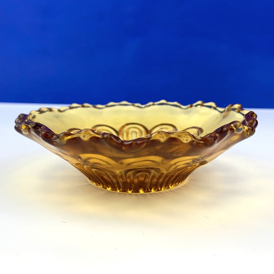 Art deco style amber glass mini trinket bowl depth view