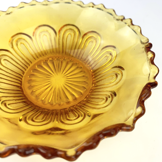 Art deco style amber glass mini trinket bowl with ruffle edge