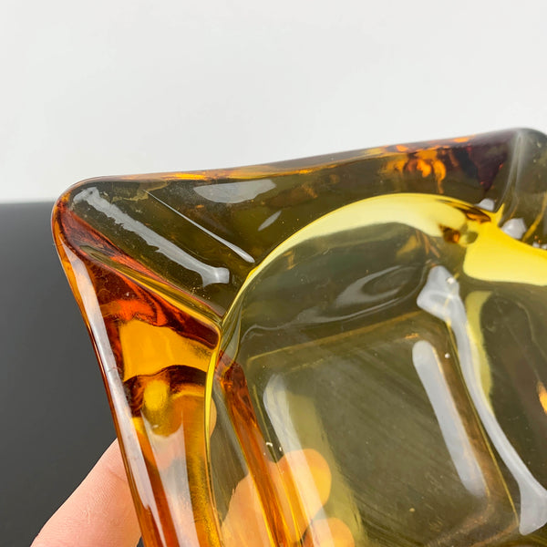 Amber glass square collectible ashtray