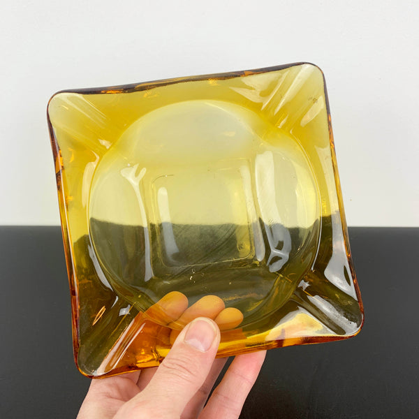 Amber glass square collectible ashtray