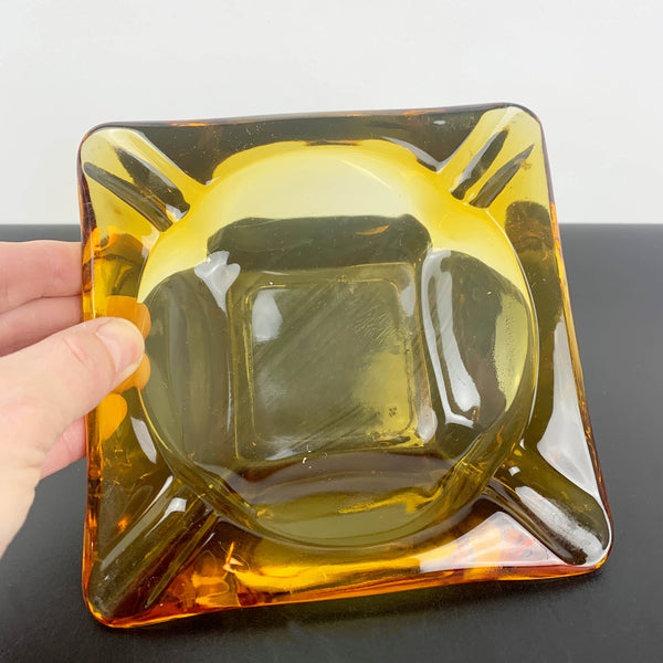 Amber glass square collectible ashtray