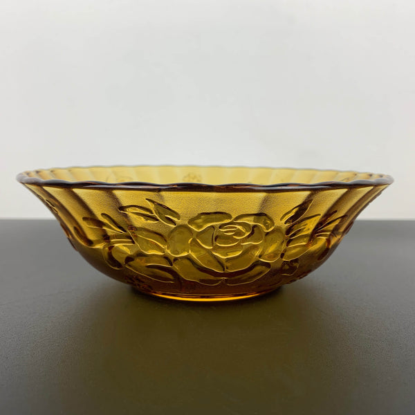 Amber glass serving bowl with Rose design