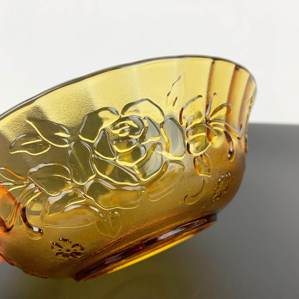 Amber glass serving bowl with Rose design