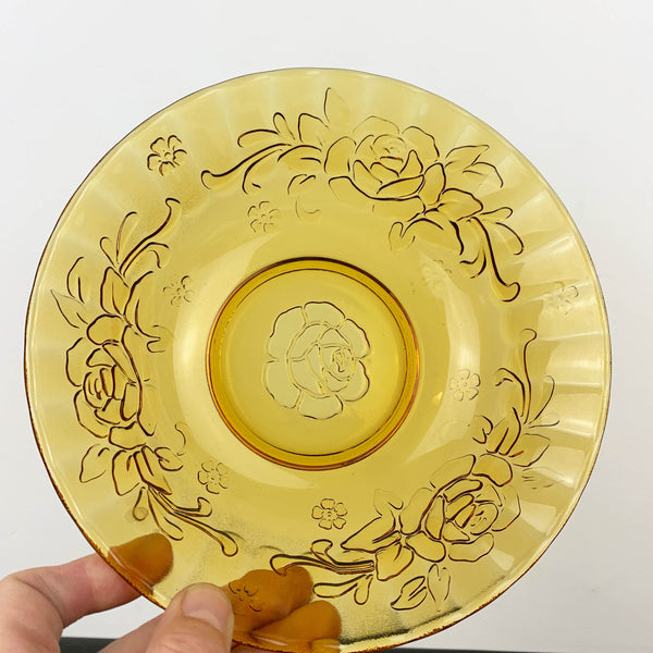 Amber glass serving bowl with Rose design