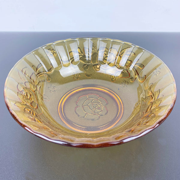 Amber glass serving bowl with Rose design