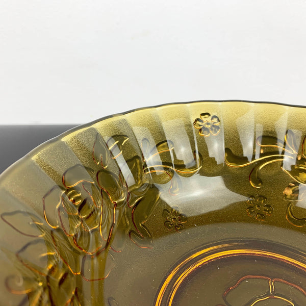 Amber glass serving bowl with Rose design