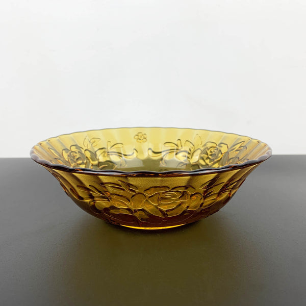 Amber glass serving bowl with Rose design