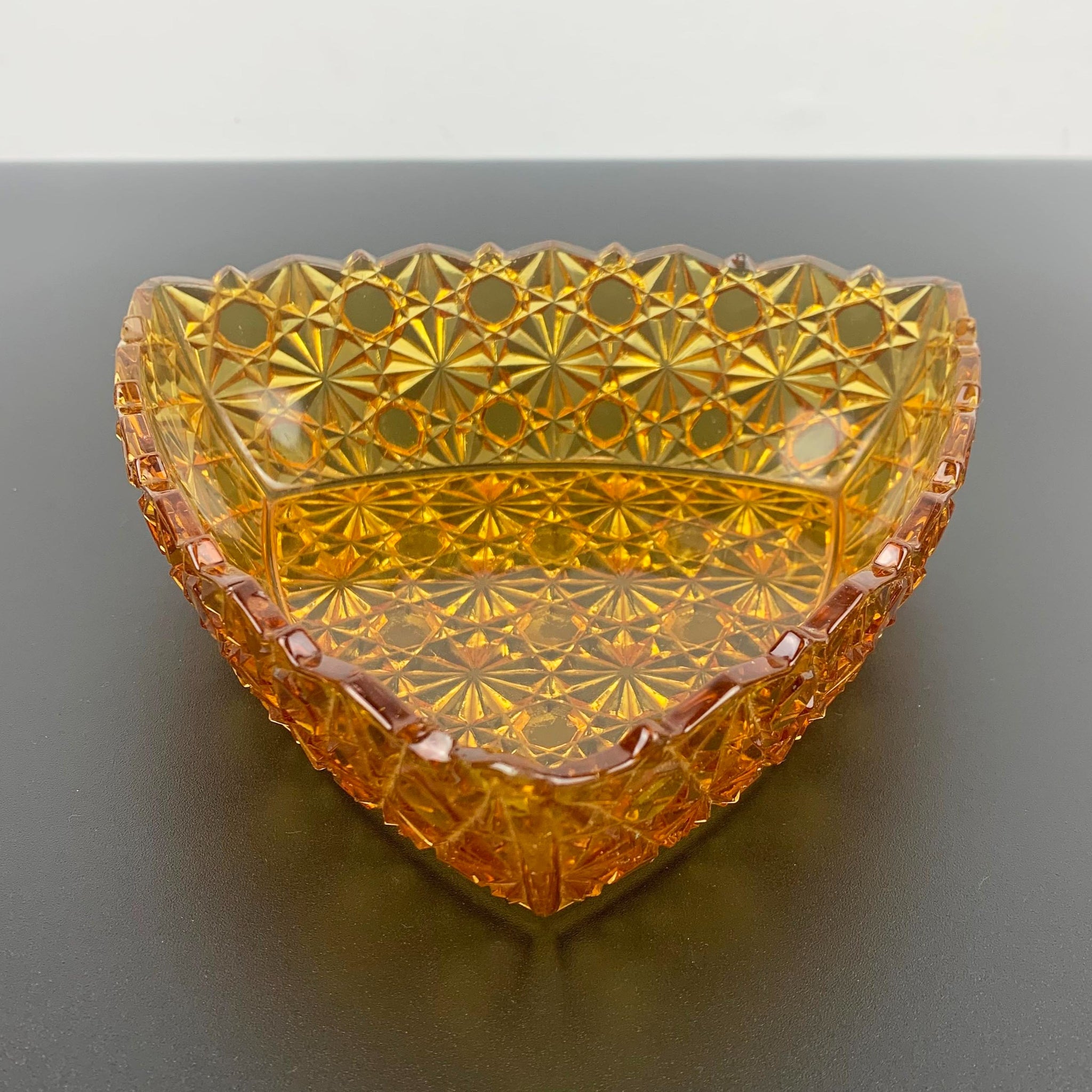 Antique rare amber glass triangle bowl