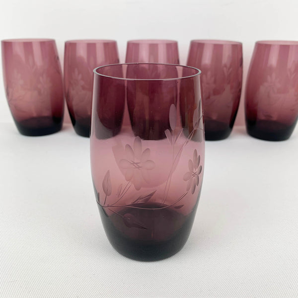 Floral etched amethyst tumbler - Set of 6