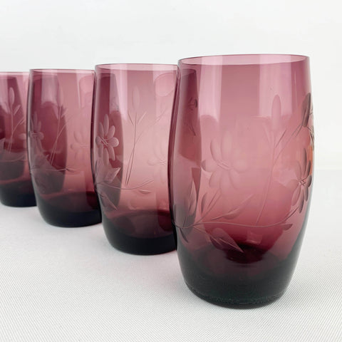 Floral etched amethyst tumbler - Set of 6