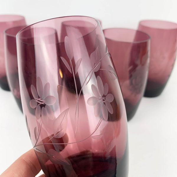 Floral etched amethyst tumbler - Set of 6