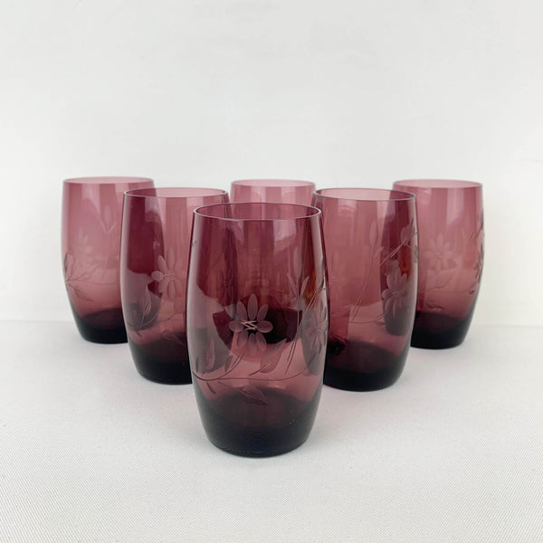 Floral etched amethyst tumbler - Set of 6