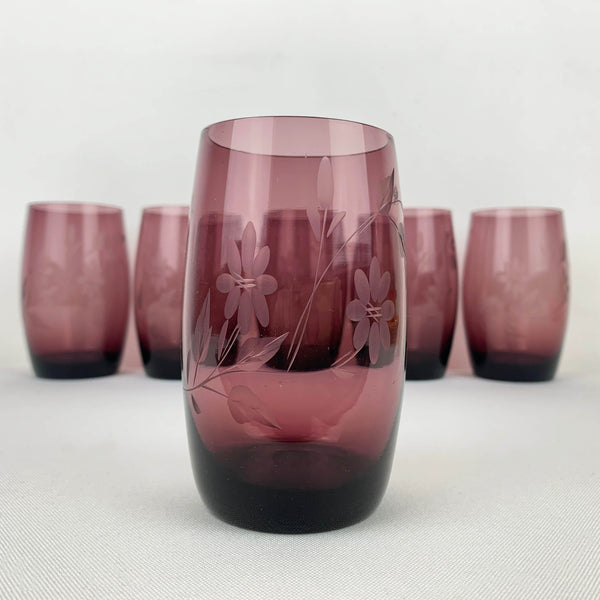 Floral etched amethyst tumbler - Set of 6