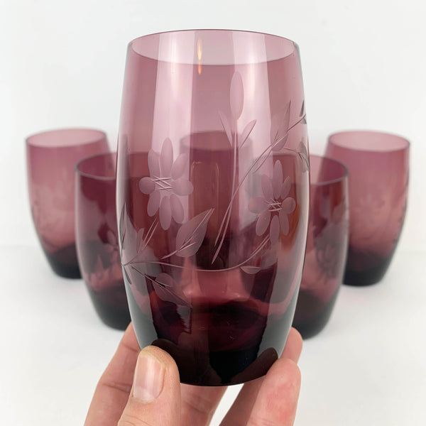 Floral etched amethyst tumbler - Set of 6