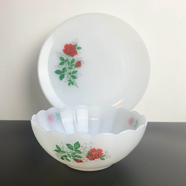 Arcopal Red Rose opaline glass servingware set