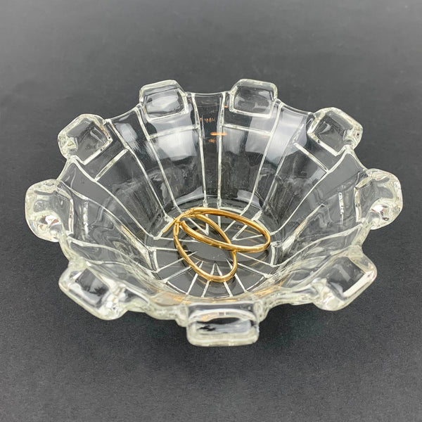 Art Deco glass trinket bowl with earrings to indicate size