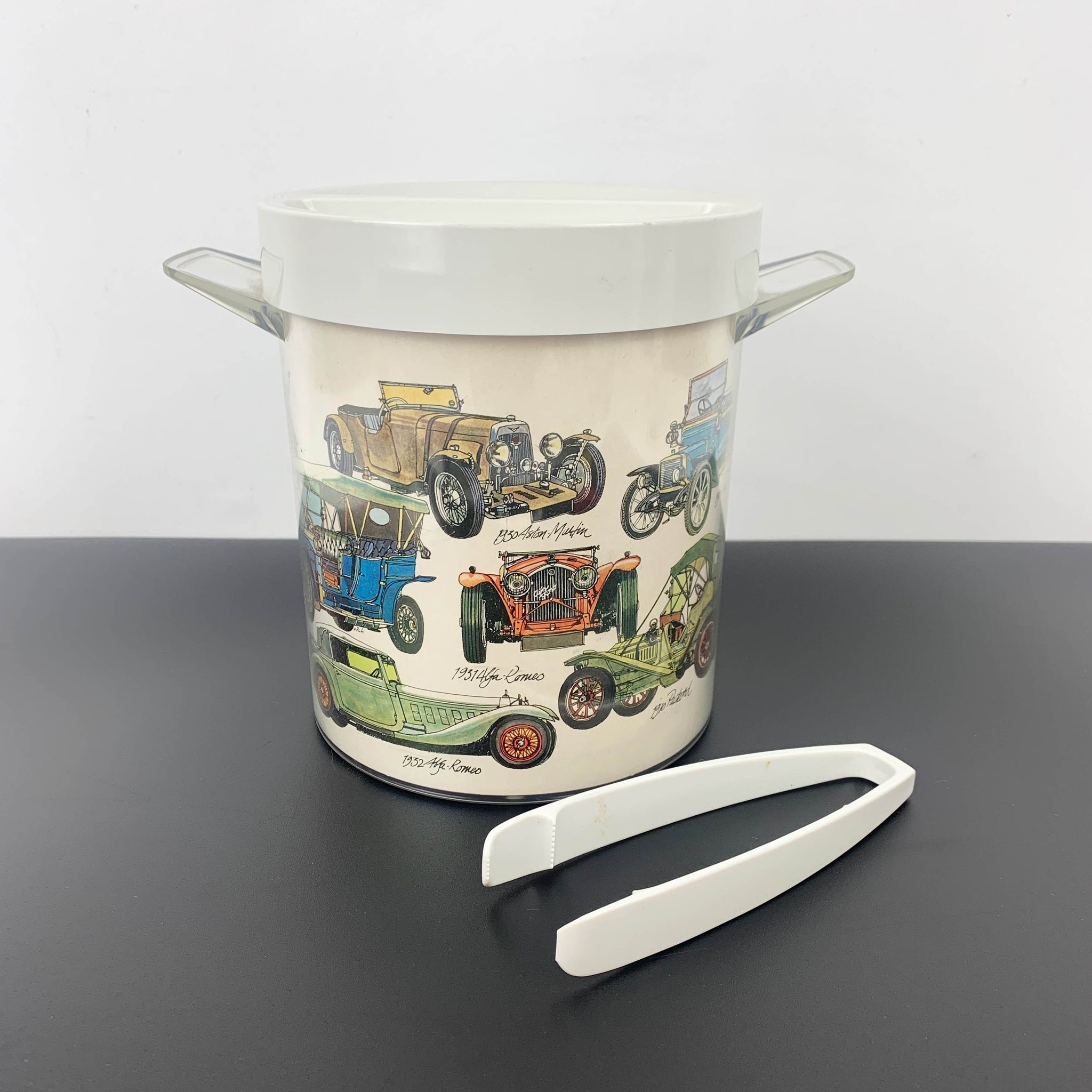 1970's Automobiles Plastic Ice Bucket with Tongs