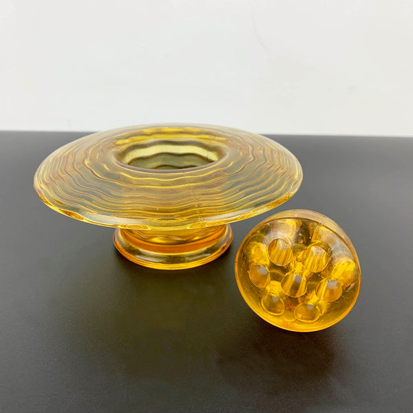 Bagley Glass art deco amber 'Elf' posy vase with flower frog