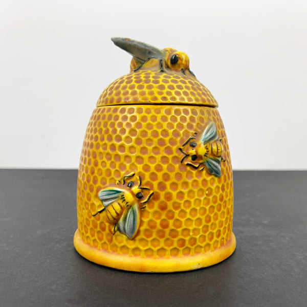 Ceramic beehive honey pot with moulded bees