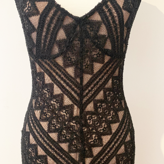 Black lace evening dress with nude underlay