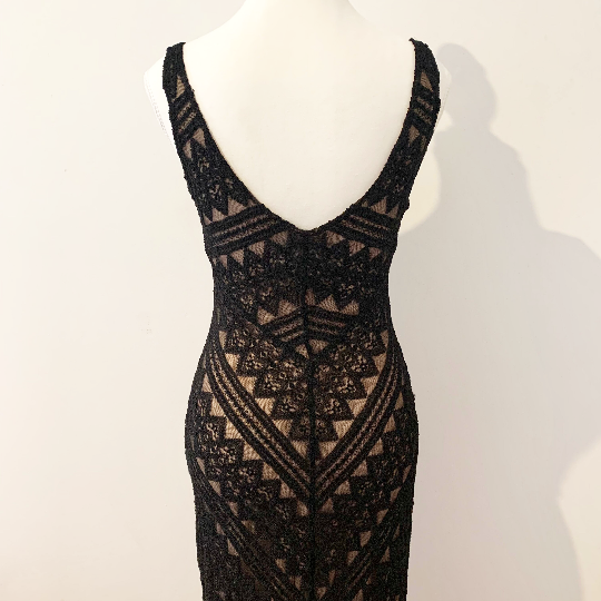 Black lace evening dress with nude underlay rear view