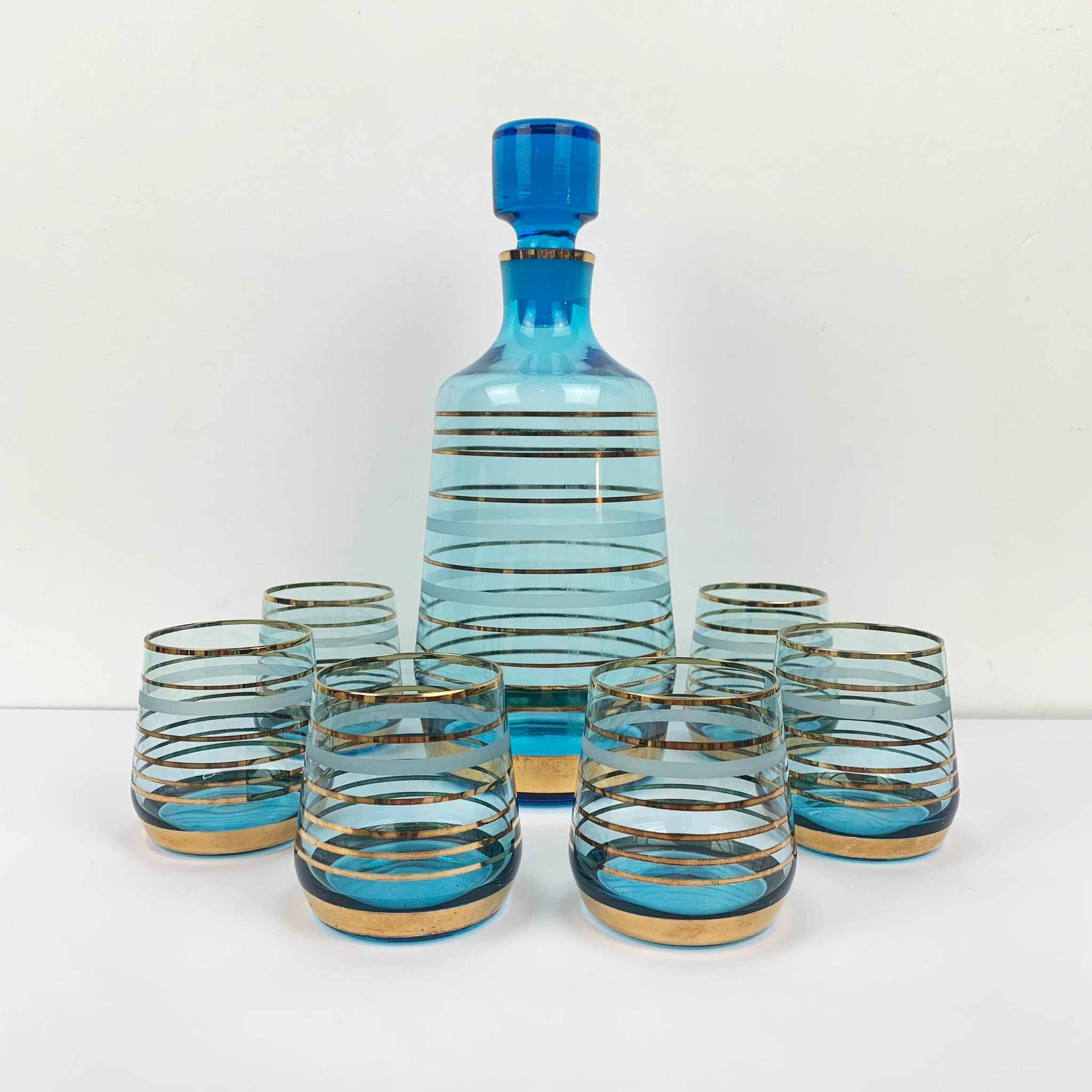 Mid century aqua and gold striped decanter set with 6 glasses