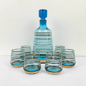 Mid century aqua and gold striped decanter set with 6 glasses