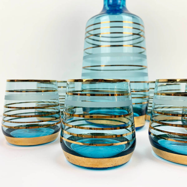 Mid century aqua and gold striped decanter set with 6 glasses