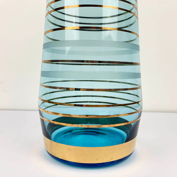 Mid century aqua and gold striped decanter set with 6 glasses