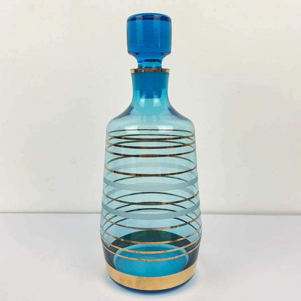 Mid century aqua and gold striped decanter set with 6 glasses