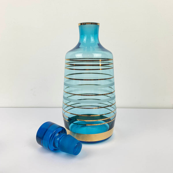 Mid century aqua and gold striped decanter set with 6 glasses