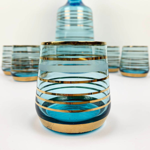 Mid century aqua and gold striped decanter set with 6 glasses