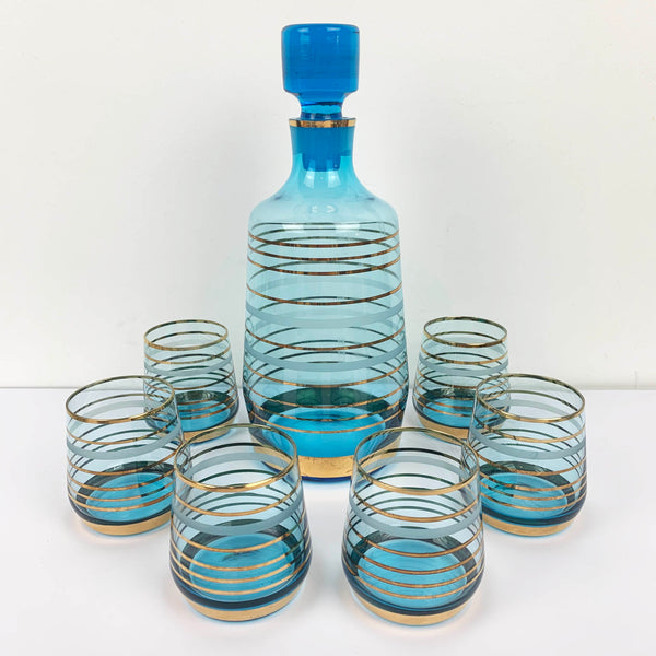 Mid century aqua and gold striped decanter set with 6 glasses