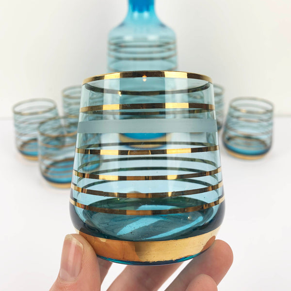 Mid century aqua and gold striped decanter set with 6 glasses