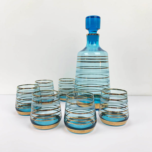 Mid century aqua and gold striped decanter set with 6 glasses