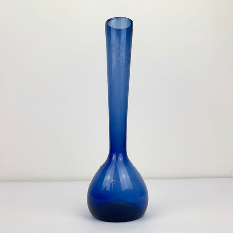 Mid century blue etched bud vase