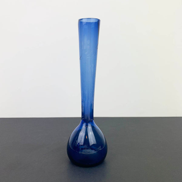 1960's blue etched bud vase