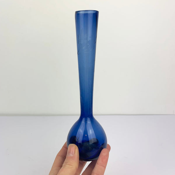 Mid century blue etched bud vase hand held