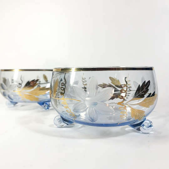 Bohemian blue and gold footed glass bowls