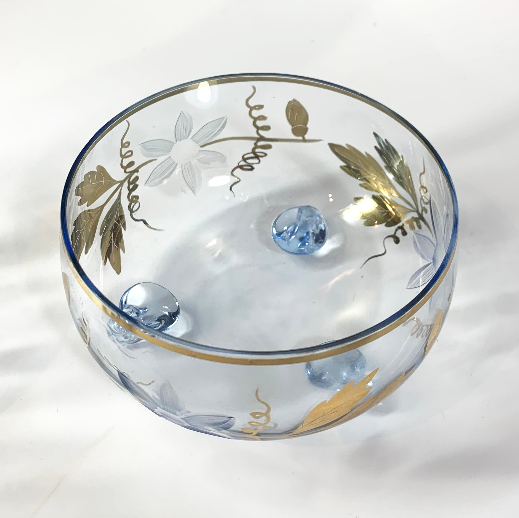 Bohemian blue and gold footed glass bowls top view