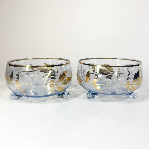 Pair of Bohemian blue and gold footed glass bowls