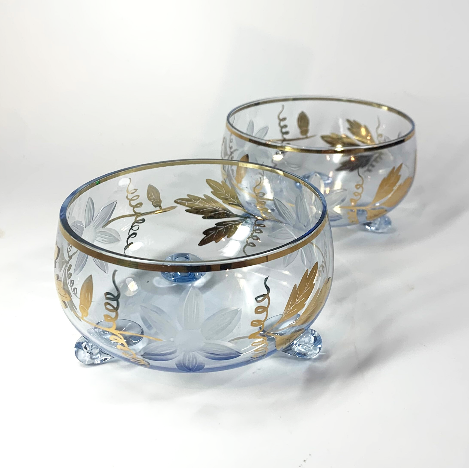 Polish blue and gold footed glass bowls