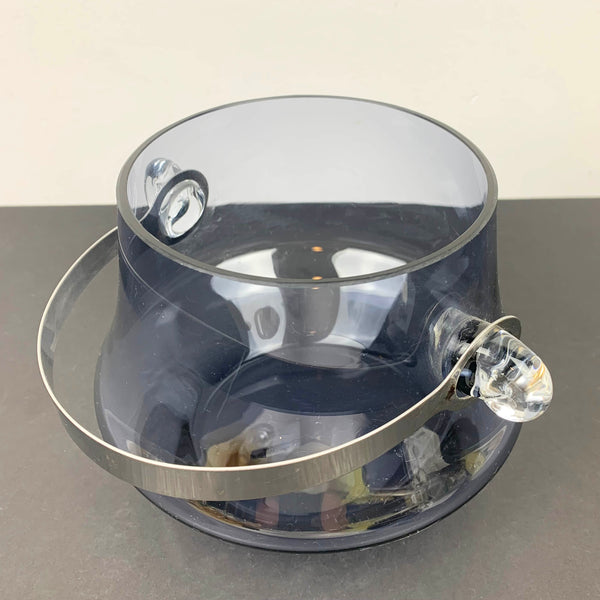 Mid century blue glass ice bucket interior view