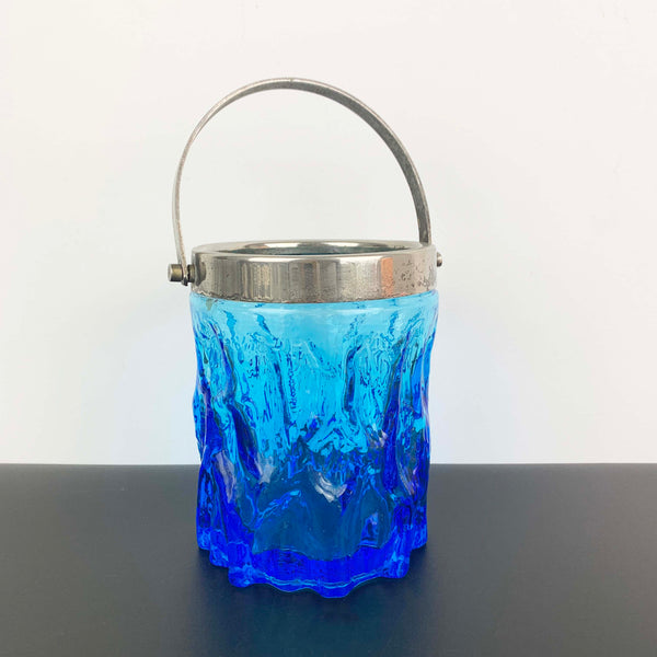 Blue ice/bark glass ice bucket with silver handle